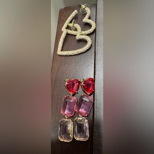 Heart-Shaped Gold Earrings and Red Pink Gemstone Earrings